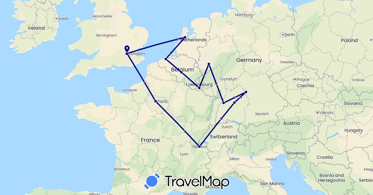 TravelMap itinerary: driving in Belgium, Switzerland, Germany, France, United Kingdom, Luxembourg, Netherlands (Europe)